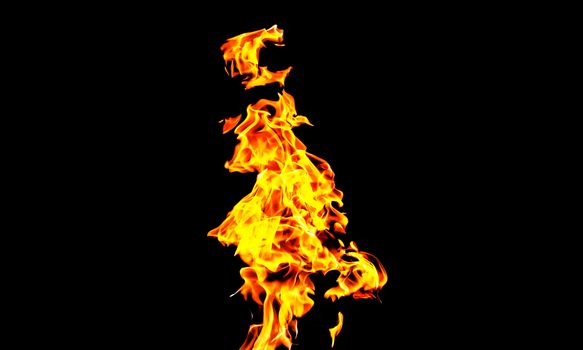 Fire flames on black background isolated. Burning gas or gasoline burns with fire and flames. Flaming burning sparks close-up, fire patterns. Infernal glow of fire in the dark with copy-space