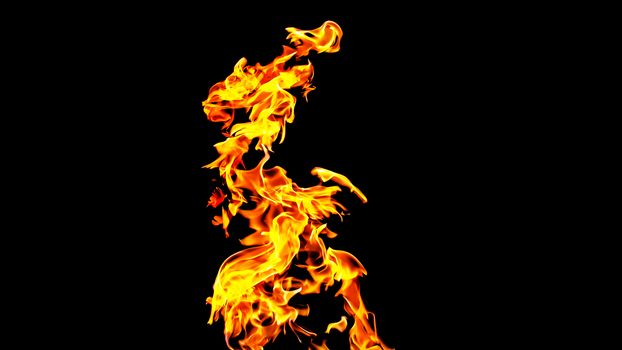 Fire flames on black background isolated. Burning gas or gasoline burns with fire and flames. Flaming burning sparks close-up, fire patterns. Infernal glow of fire in the dark with copy-space