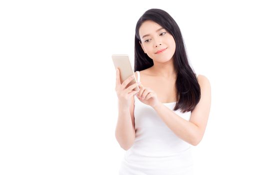 Beautiful of portrait asian young woman smile and happy talking calling with mobile phone isolated on white background, communication concept.