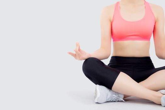 Beautiful portrait young asian woman sitting yoga, asia girl health care with workout fitness relaxing with active exercise isolated on white background, healthy and wellbeing concept.