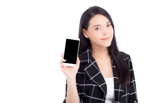 Beautiful of portrait woman with smile and happy showing smart mobile phone isolated on white background, presenter holding telephone, communication concept.