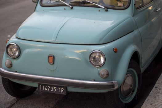 terni,italy november 11 2020:detail of a light blue fiat 500 fiat