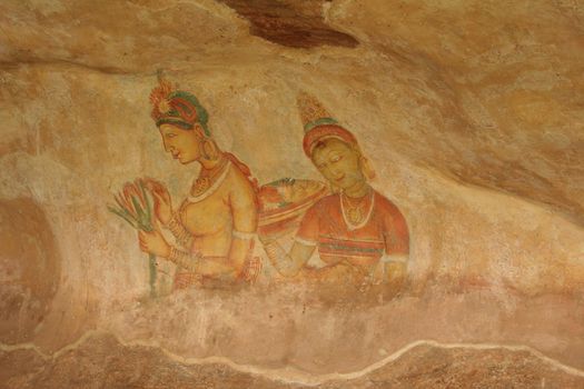 Sigiriya, Sri Lanka murals rock paintings Damsels or Cloud Maidens, 5th century frescoes, Sigiriya Lion Rock Fortress, 