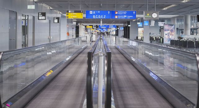 Frankfurt, Hesse/Germany - November 2nd 2020: Frankfurt airport almost empty compared to previous years. Only a few people travelling and a lot of closed gates.