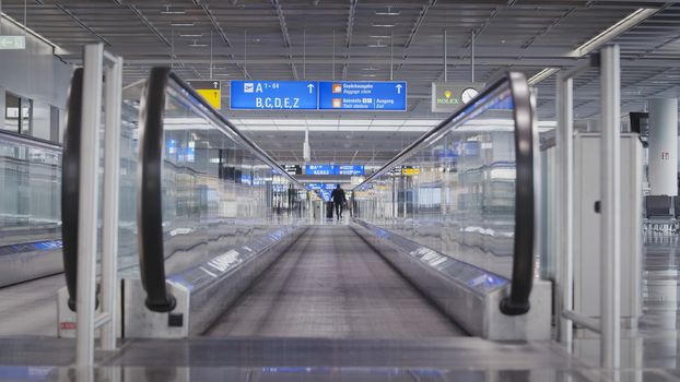 Frankfurt, Hesse/Germany - November 2nd 2020: Frankfurt airport almost empty compared to previous years. Only a few people travelling and a lot of closed gates.