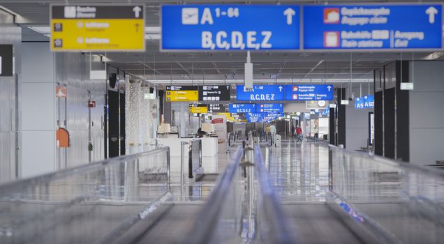 Frankfurt, Hesse/Germany - November 2nd 2020: Frankfurt airport almost empty compared to previous years. Only a few people travelling and a lot of closed gates.