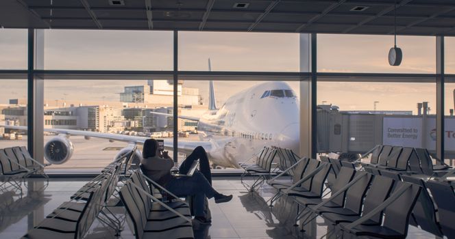 Frankfurt, Hesse/Germany - November 2nd 2020: Frankfurt am Main Airport is a major international airport and is almost empty compared to previous years. Few people travelling, lots of closed gates.