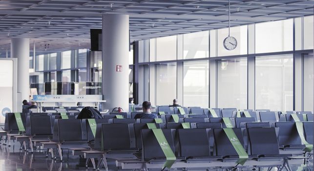 Frankfurt, Hesse/Germany - November 2nd 2020: Frankfurt am Main Airport is a major international airport and is almost empty compared to previous years. Few people travelling, lots of closed gates.