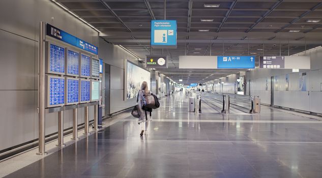 Frankfurt, Hesse/Germany - November 2nd 2020: Frankfurt am Main Airport is a major international airport and is almost empty compared to previous years. Few people travelling, lots of closed gates.