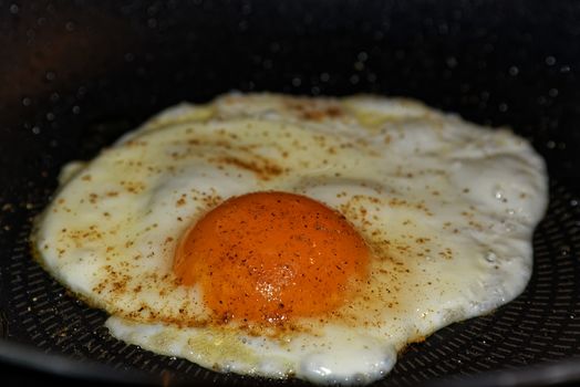 Close-up photo of fried egg, cooking in a pan photo