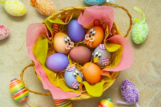 Composition of Easter eggs. Holiday background.