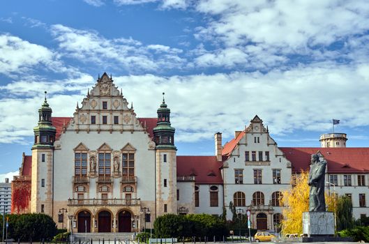 Monument and historic neo-Romanesque sandstone buildings in Poznan