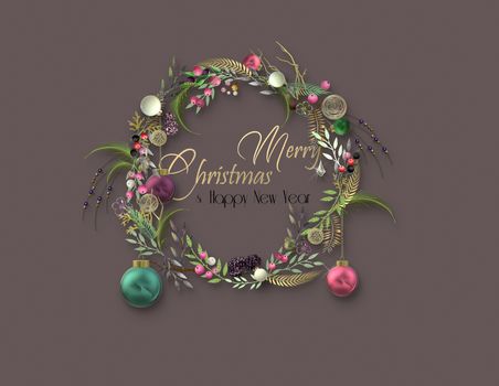 Holiday festive Christmas card with Xmas floral 3D wreath, Xmas balls baubles, gold text Merry Christmas Happy New Year on brown dark background. 3D illustration