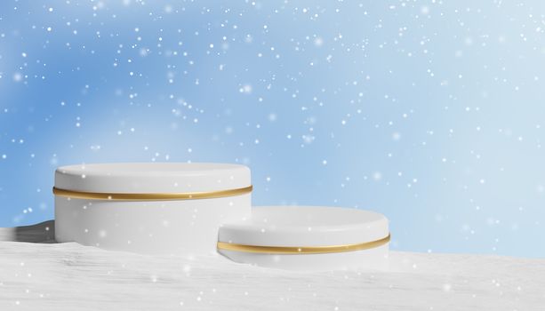 Empty luxury podium for cosmetic product with snowfall in the winter 3d render
