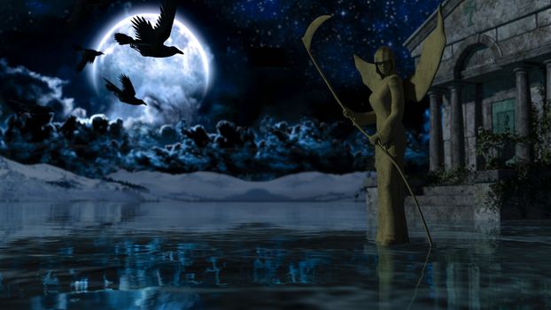 Angel of Death - Spooky Night background with moon - 3d rendering