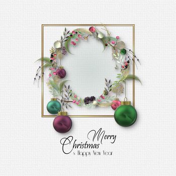 Christmas elegant wreath on white with 3D balls baubles, golden leaves on white background. Text Merry Christmas Happy New Year. 3D render. Holiday festive design