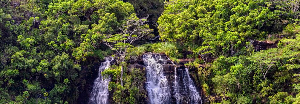 Beautiful panoramic view of Opaekaa Waterfalls in Hawaii, island of Kauai. Lush green tropical forest around the waterfall.