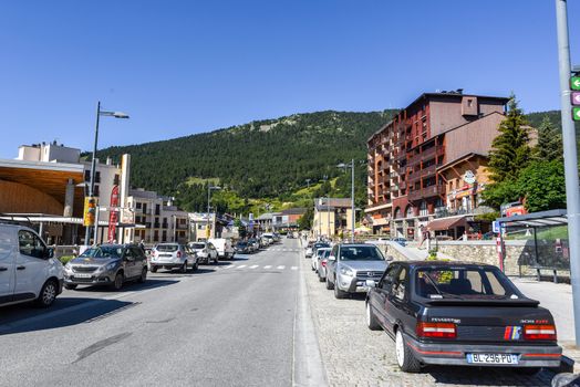 Les Angles, France : 2020 July 19 : Cityscape in summer on Les Angles ski resort city in Sunny day.  les Angles, France.