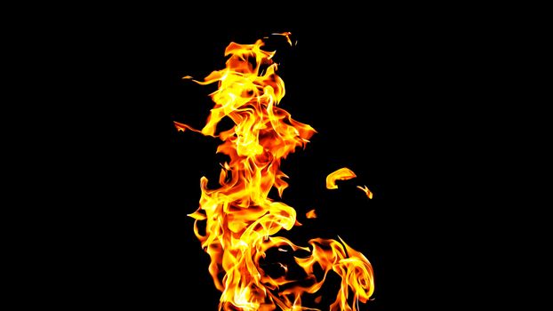 Fire flames on black background isolated. Burning gas or gasoline burns with fire and flames. Flaming burning sparks close-up, fire patterns. Infernal glow of fire in the dark with copy-space