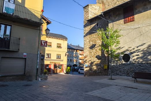 Alp, Spain : 2020 19 July : Major Street behind the Church of Parròquia de Sant Pere in Summer. Alp, Spain  on July 2020.