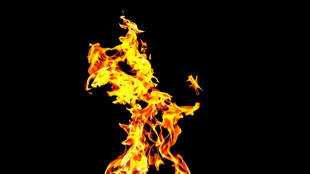 Fire flames on black background isolated. Burning gas or gasoline burns with fire and flames. Flaming burning sparks close-up, fire patterns. Infernal glow of fire in the dark with copy-space