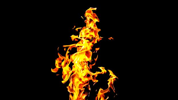 Fire flames on black background isolated. Burning gas or gasoline burns with fire and flames. Flaming burning sparks close-up, fire patterns. Infernal glow of fire in the dark with copy-space