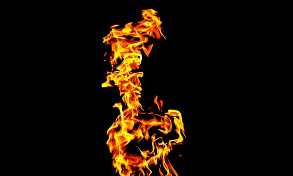 Fire flames on black background isolated. Burning gas or gasoline burns with fire and flames. Flaming burning sparks close-up, fire patterns. Infernal glow of fire in the dark with copy-space