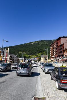 Les Angles, France : 2020 July 19 : Cityscape in summer on Les Angles ski resort city in Sunny day.  les Angles, France.