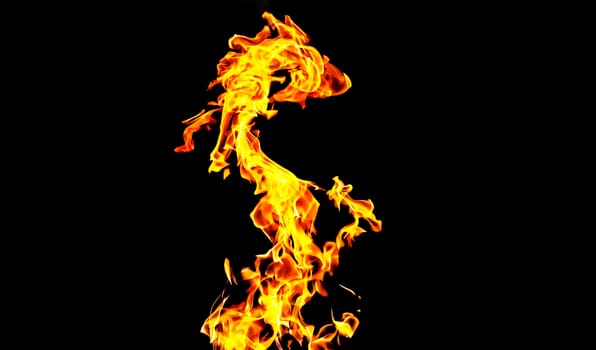 Fire flames on black background isolated. Burning gas or gasoline burns with fire and flames. Flaming burning sparks close-up, fire patterns. Infernal glow of fire in the dark with copy-space