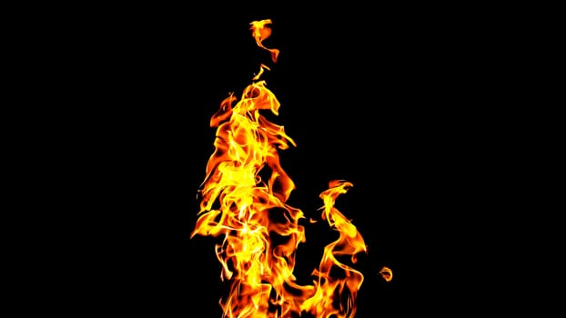 Fire flames on black background isolated. Burning gas or gasoline burns with fire and flames. Flaming burning sparks close-up, fire patterns. Infernal glow of fire in the dark with copy-space