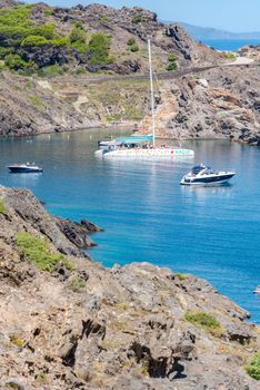 Parc Natural Cap de Creus, Spain :  8 july 2020 : Sea landscape with Cap de Creus, natural park. Eastern point of Spain, Girona province, Catalonia. Famous tourist destination in Costa Brava. Sunny summer day with blue sky and clouds