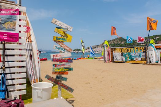 Port de la Selva, Spain : 9 July 2020 : View of Windsurf shop in Port de la Selva, one of the most touristic villages of Costa Brava, on 9 July 2020, in Port de la Selva, Catalonia, Spain.