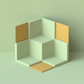 Abstract mock up cubes shelf 3D render illustration on green background