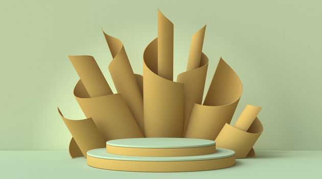 Mock up podium for product presentation with scrolled paper rolls 3D render illustration on green background