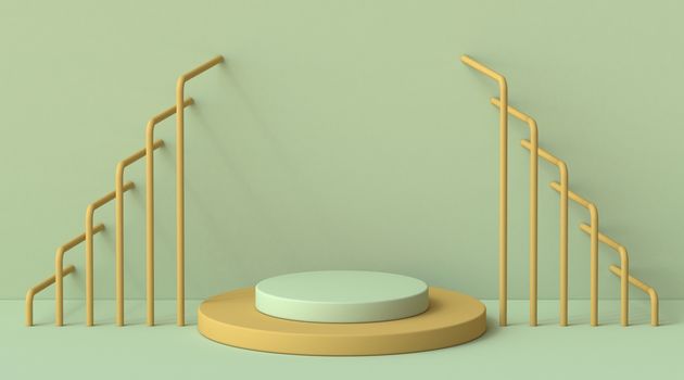 Mock up podium for product presentation with wire frames 3D render illustration on green background