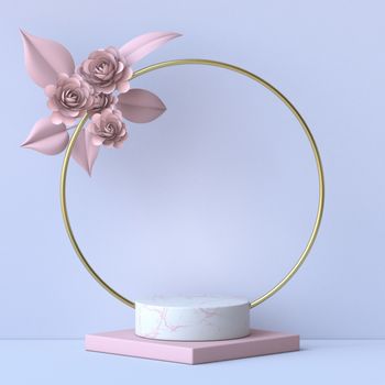 Mock up podium for product presentation with flowers and golden frame 3D render illustration on blue background