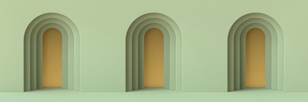 Abstract background three doors 3D render illustration on green background