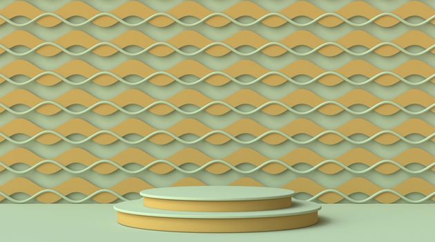 Mock up podium for product presentation on green and brown wave pattern 3D render illustration