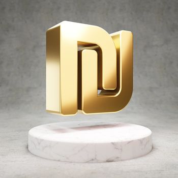 Shekel icon. Gold glossy Shekel symbol on white marble podium. Modern icon for website, social media, presentation, design template element. 3D render.