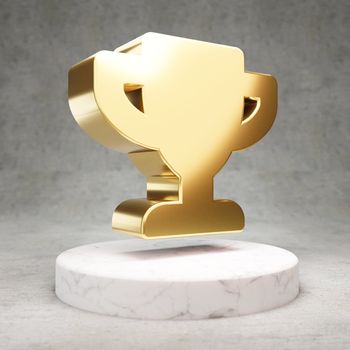 Trophy icon. Gold glossy Trophy symbol on white marble podium. Modern icon for website, social media, presentation, design template element. 3D render.