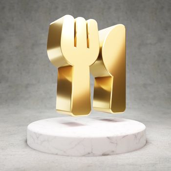 Utensils icon. Gold glossy University symbol on white marble podium. Modern icon for website, social media, presentation, design template element. 3D render.