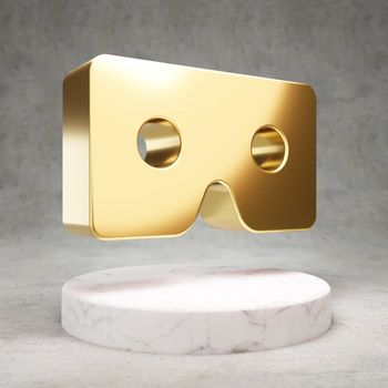 VR Cardboard icon. Gold glossy University symbol on white marble podium. Modern icon for website, social media, presentation, design template element. 3D render.