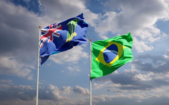 Beautiful national state flags of Brasil and British Virgin Islands together at the sky background. 3D artwork concept. 