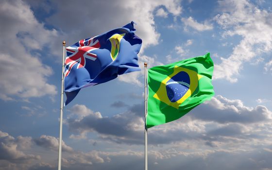 Beautiful national state flags of Turks and Caicos Islands and Brasil together at the sky background. 3D artwork concept. 