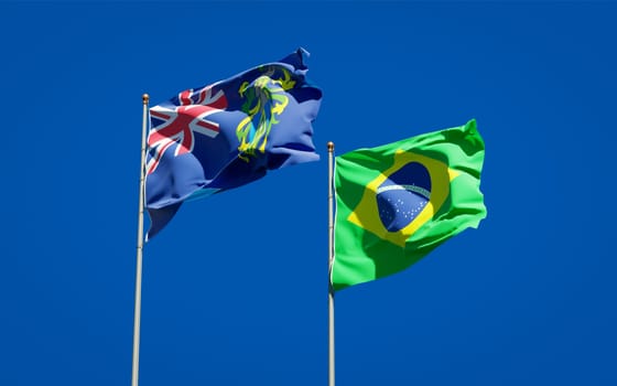 Beautiful national state flags of Pitcairn Islands and Brasil together at the sky background. 3D artwork concept. 