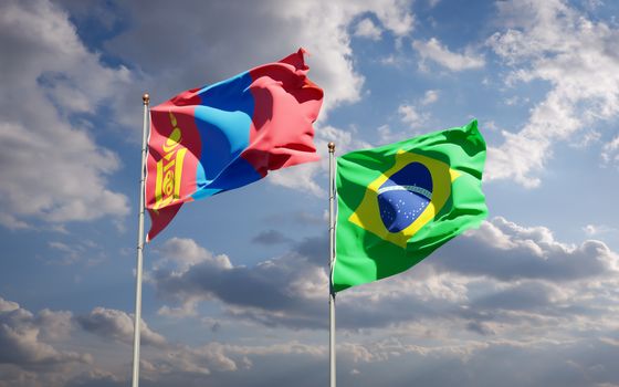 Beautiful national state flags of Mongolia and Brasil together at the sky background. 3D artwork concept. 