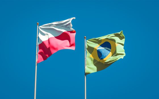 Beautiful national state flags of Poland and Brasil together at the sky background. 3D artwork concept. 