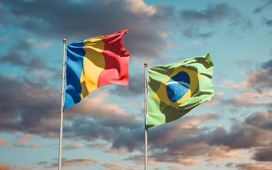 Beautiful national state flags of Romania and Brasil together at the sky background. 3D artwork concept. 