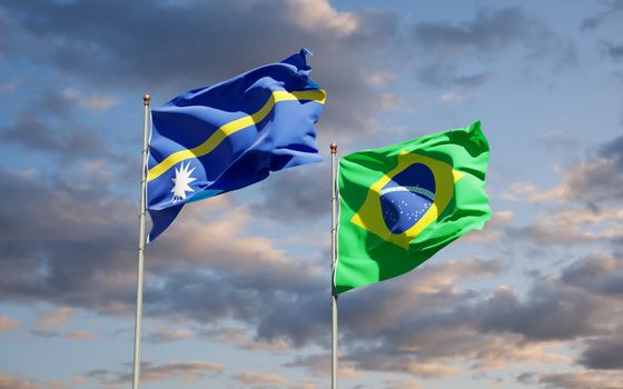 Beautiful national state flags of Nauru and Brasil together at the sky background. 3D artwork concept. 