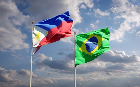 Beautiful national state flags of Philippines and Brasil together at the sky background. 3D artwork concept. 